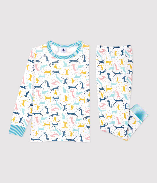 Pigiama bambina/bambino fantasia gattini in cotone e Lyocell bianco/multicolore